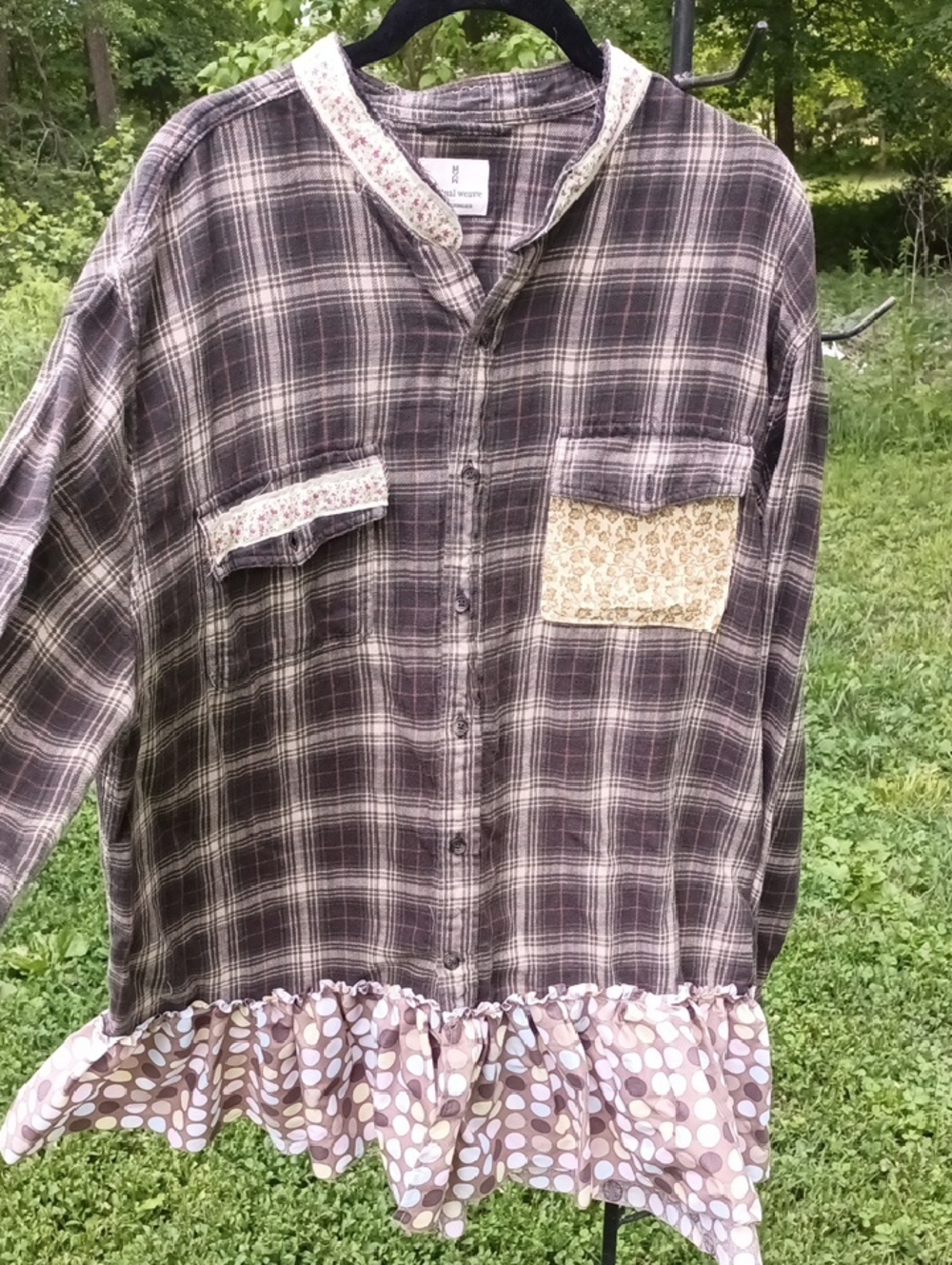 Upcycled Boho Patch Flannel Shirt, Ruffle,  Western Hippie Cowgirl Style